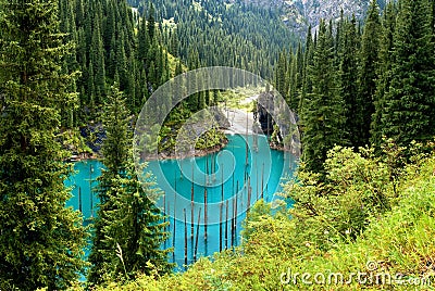 Lake Kaindy in Tien-Shan mountains Stock Photo