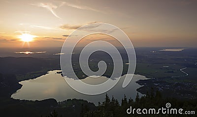 Lake Kochelsee from mountain peak Jochberg during sunset, Bavaria Germany Stock Photo