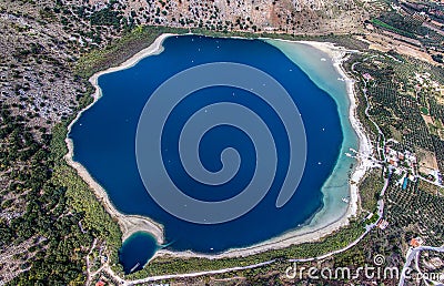 Lake Kournas. Drone photography contest. Island of Crete, Greece, near the village of Kournas Stock Photo