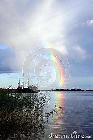 Lake Ladoga. A rainbow. Stock Photo