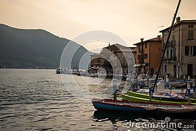 Lake lago Iseo, Italy. Peschiera Maraglio harbour on Monte Isola Stock Photo