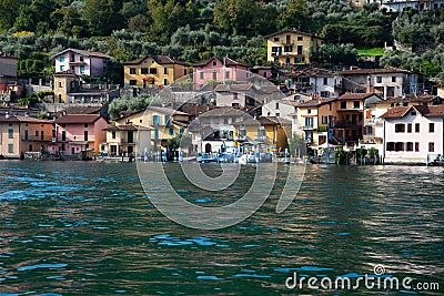 Lake lago Iseo, Italy. Fishermen`s harbour on Monte Isola Stock Photo