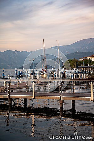 Lake lago Iseo, Lombardy, Italy. Town of Iseo harbour Stock Photo