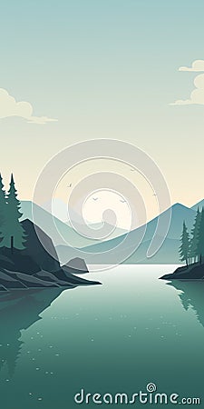 Minimalistic Tranquil Fjord Mobile Wallpaper In Dark Teal And Light Beige Cartoon Illustration