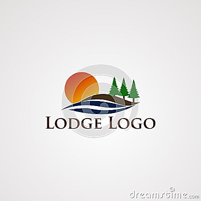 Lake logo vector with smooth wave and tree pine, element, template, and icon, for company Vector Illustration