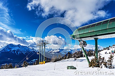Gondola Ride to Top of Ski Hill at Lake Louise in Canadian Rockies Editorial Stock Photo