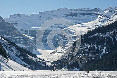 LAKE LOUISE, CANADA - MARCH 20, 2019: frozen lake in alberta with people on ice Editorial Stock Photo