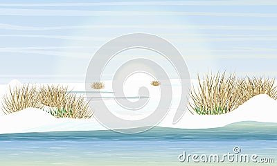 Lake and meadow in early spring. Shore in the snow, the first snowdrops, dry grass. Spring creek Vector Illustration