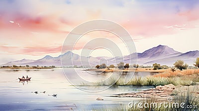 Lake Of Mexico Watercolor Painting With Accurate Ornithological Style Stock Photo