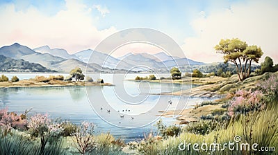 Lake Of Mexico Watercolor Painting: Accurate Ornithological Style With Uhd Image Cartoon Illustration