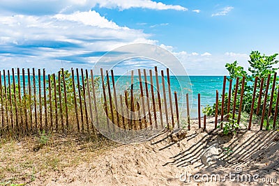 Lake Michigan Shoreline with Fence in Evanston Illinois during the Summer Stock Photo