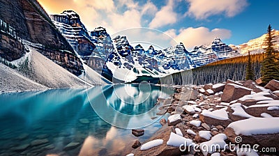 Lake Moraine, Banff National Park with background of mountains Stock Photo