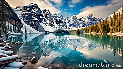 Lake Moraine, Banff National Park with background of mountains Stock Photo