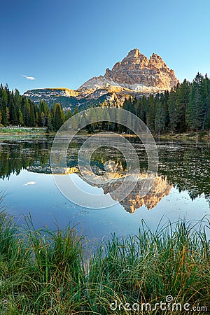 Lake mountain landcape with Alps peak reflection, Lago Antorno, Stock Photo