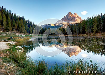 Lake mountain landcape with Alps peak reflection, Lago Antorno, Stock Photo