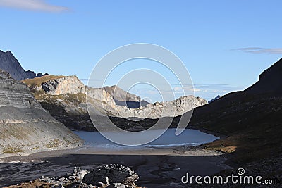 Lake in the mountains of canton of Wallis / Valais. Daubensee, Gemmi - Leukerbad Stock Photo