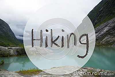 Lake With Mountains, Norway, Text Hiking Stock Photo