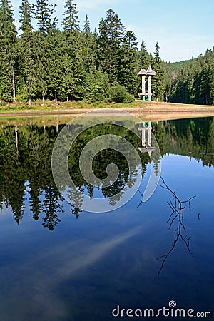 Lake in the mountains. Synevir National Park view. Reflection of trees in the water Stock Photo