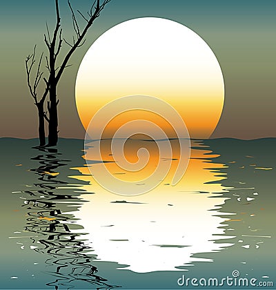 Lake. A night scene. Vector Illustration