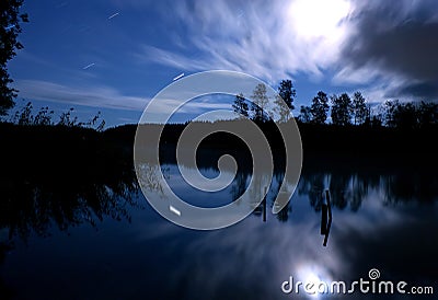 Lake night stars clouds moon Stock Photo