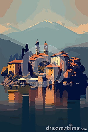 Lake Orta view, Island San Giulio, Italy. Travel concept waterfront of Pella. Cartoon Illustration