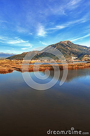 Lake overgrown with reeds mountains in background Stock Photo