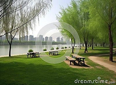 lake in the park, path along, benches and trees, spring or summer. Lovely landscape. City in the distance. Stock Photo