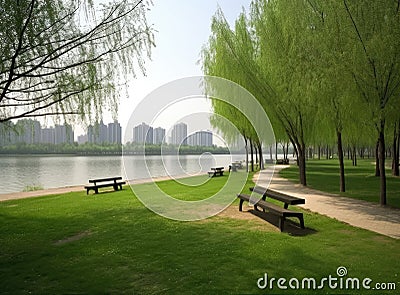 lake in the park, path along, benches and trees, spring or summer. Lovely landscape. City in the distance. Stock Photo