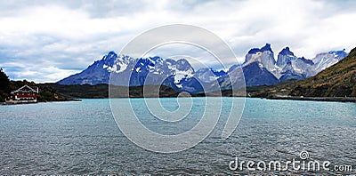 Lake PehoÃ© and Cordillera Paine Panoramic View, Chile Stock Photo