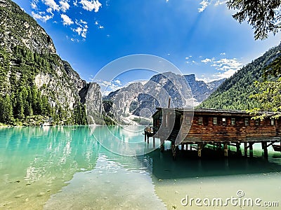 Lake Prags Lake Braies or Pragser Wildsee is a lake in the Prags Dolomites in South Tyrol, Italy. Stock Photo