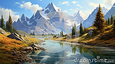 lake reflection river alpine landscape Cartoon Illustration