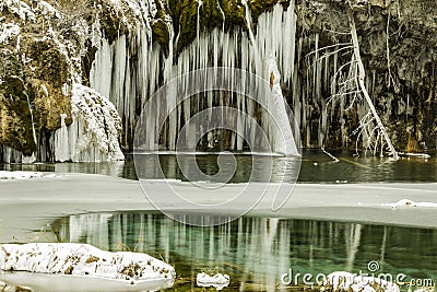 Lake, reflections, nature trail, winter, frozen, cold, colorado Stock Photo