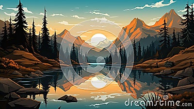 The lake reflects a mountain range in its still waters. (Generative AI Stock Photo