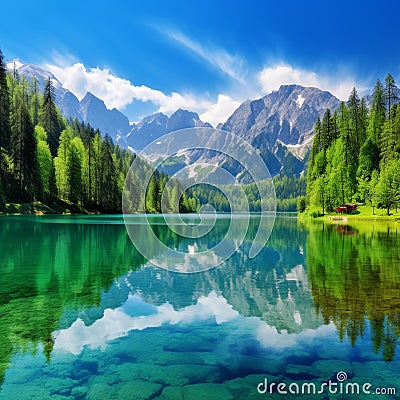 The lake reflects the sky , surrounded by trees and mountains . Generative AI Stock Photo