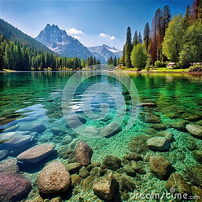 The lake reflects the sky , surrounded by trees and mountains . Generative AI Stock Photo