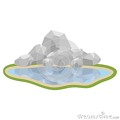 Lake with rocks. The stones are reflected in the lake water. Vector Illustration