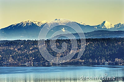 Lake Sammamish Residential Neighborhoods Snow Capped Cascade Mountains Issaquah Washington Stock Photo