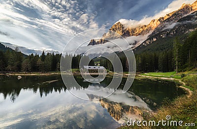 Lake San Vito di Cadore (lake Mosigo) in Boite valley in the domain of Mount Antelao also called King of the Dolomites. Italian D Stock Photo