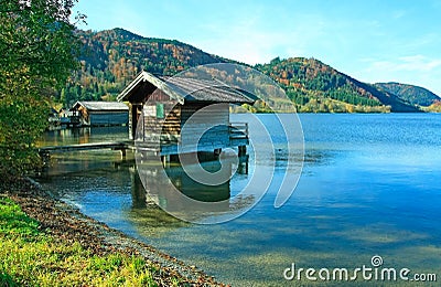 Lake schliersee with boat house, autumnal landscape germany Stock Photo