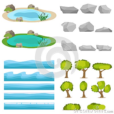 Lake, a set of stones, trees, a set of seascapes, a wave Vector Illustration