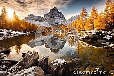 A lake with snow covered mountains and trees Stock Photo