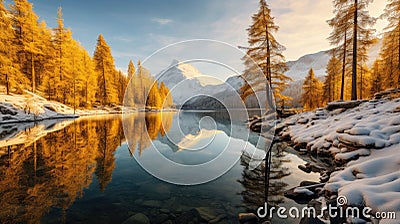 A lake with snow covered mountains and trees Stock Photo