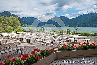 lake stage at spa garden Schliersee with view to the lake and bavarian alps Stock Photo