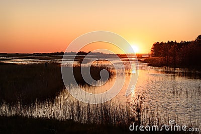 Lake sun sunrise reflection grass Stock Photo