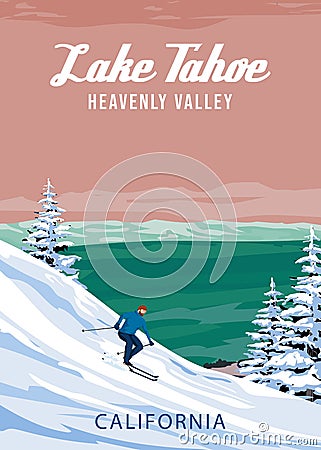 Lake Tahoe Ski Travel resort poster vintage. California USA winter landscape travel card Vector Illustration