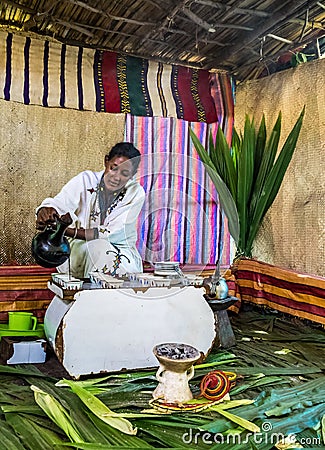 Lake Tana, Ethiopia - Feb 05, 2020: Zege Peninsula in Lake Tana. Young woman is preparing a coffee ceremony Editorial Stock Photo