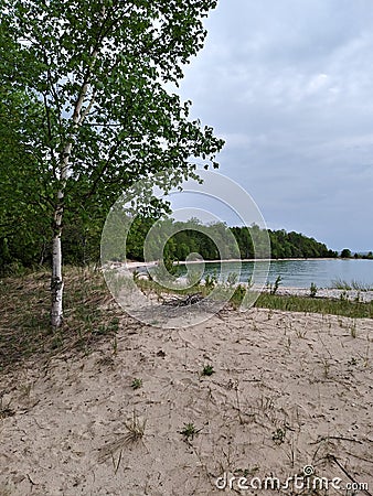 Lake trees pebbles waves water sky clouds vegetation beach evening view scenic Stock Photo