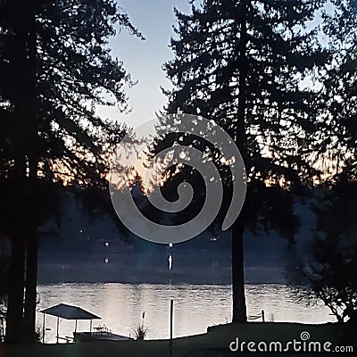 Lake, trees, PNW, sunrise Stock Photo