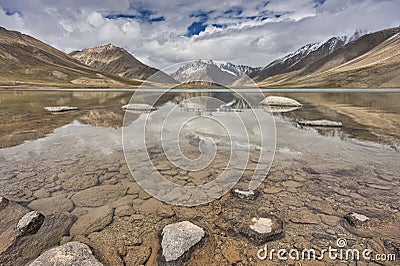 The lake on the Upper Shimshal Pass plateau where all the melted glacier water gathers to help grow the much-needed vegetation for Stock Photo