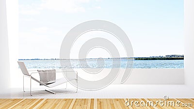 Lake view and daybed on terrace in hotel - 3D Rendering Stock Photo